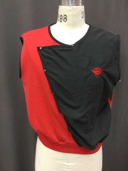 CHAMS, Red, Black, Poly/Cotton, Solid, Sleeveless Red Sweat Rt Side/Back, Left Side Black Cotton, Cross Over Snap Front
