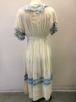 Womens, Dress, N/L, Off White, Lt Blue, Cotton, Solid, W:24, B:34, Sheer & Lightweight, with Light Blue Finely Pleated Cotton Ruffle Trim Used Generously Throughout, Short Sleeves, U-Neck, Hidden Tiny Snap Closures At Bust, Gathered at 1" Wide Self Waistband, Ankle Length Hem with 2 Stripes of Light Blue Ruffles Above Hem, **Has Holes in Back Upper Body Below Shoulders