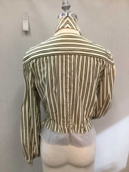 N/L, Cream, Lemon Yellow, Black, Cotton, Stripes, Candy Stripped. Novelty Shaped Collar on High Collar Band, Button Front, , Long Sleeves, Horizontal Stripes on Yoke. Repaired Attempt at Both Shoulders, As Well As Stitched Lines on Thread Bare Collar, Gray Broadcloth Peplum with Pinked Edging,