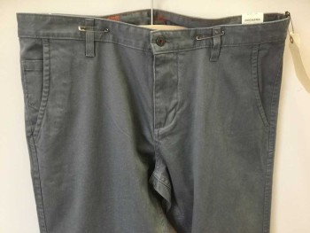 DOCKERS, Gray, Cotton, Solid, Flat Front, 5 + Pockets, Soft Heavy