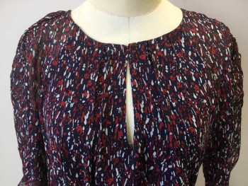 Womens, Dress, Short Sleeve, JOIE, Navy Blue, Dk Red, White, Polyester, Abstract , S, Navy W/dark Red, White Abstract Print, Round W/split W/hook & Eye, Tiny Elastic on Shoulder & Top Short Sleeves, Elastic Wait, Small Diagonal Elastic Work on Skirt, Flair/diagonal Uneven Hem,  Pullover