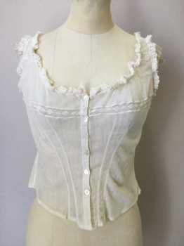 NL, Cream, Poly/Cotton, Solid, Micro Fishnet Mesh Knit with Elasticated Lace Trim Scoop Neck. Lace Inlay at Yoke Line, Button Front. Small Holes at Center Back, Center