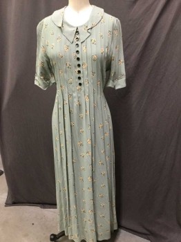 Womens, Dress, Short Sleeve, CHRISTY DAWN, Sage Green, Cream, Brown, Olive Green, Tan Brown, Polyester, Floral, XS, Light Sage W/brown,tan,cream,olive Floral Print, Collar Attached, Black Button Front, Vertical Pleats Front, Short Sleeves W/cuffs, Black Zip Back, 3/4 Length