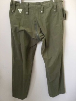 SHARPEYE, Olive Green, Polyester, Solid, Exposed Zip Front All the Way To Back, Snap Belt Loops, No Waistband, Adjust Tab Waist, 2 Horizontal Hip Zip Pockets, 1Flap Camp Pocket, 1 Thigh Zip Pocket,