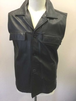N/L, Black, Leather, Solid, Button Front, Collar Attached, 4 Pockets, No Lining