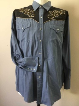 Mens, Western, ELY CATTLEMAN, Dusty Blue, Black, Khaki Brown, Polyester, Cotton, Color Blocking, 2X, Snap Front, Embroidery on Black Yoke, Beige Piping