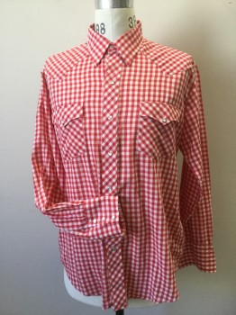 Mens, Western Shirt, HIGH PLAINS, Red, White, Poly/Cotton, Gingham, L, Long Sleeves, Collar Attached, Snap Front Closure