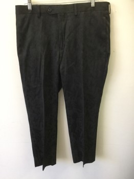 Mens, Suit, Pants, TALLIA, Black, Rayon, Polyester, Floral, 24.5, 34, Flat Front, 4 Pockets, Belt Loops, Button Tab Closure