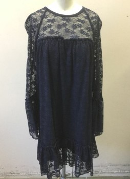 Womens, Dress, Long & 3/4 Sleeve, MICHAEL KORS, Navy Blue, Nylon, Spandex, Floral, P/M, Lace Net with Floral Pattern Over Opaque Underlayer, Long Sleeves, Sheer Neck/Shoulders, Gathered Across Overbust, Shift Dress, Ruffle at Hem & Cuffs, Hem Above Knee