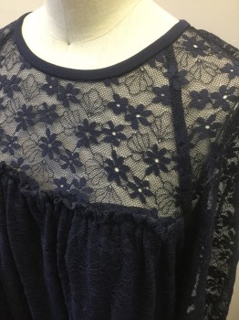Womens, Dress, Long & 3/4 Sleeve, MICHAEL KORS, Navy Blue, Nylon, Spandex, Floral, P/M, Lace Net with Floral Pattern Over Opaque Underlayer, Long Sleeves, Sheer Neck/Shoulders, Gathered Across Overbust, Shift Dress, Ruffle at Hem & Cuffs, Hem Above Knee