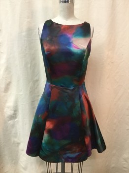 ALICE & OLIVIA, Blue, Green, Rust Orange, Purple, Black, Polyester, Abstract , Abstract Watercolor Print. Jewel Neck, Sleeveless, Fitted Waist. Skirt Pleated to Waist, Black Lace Inlay Ay Center Back, Upper