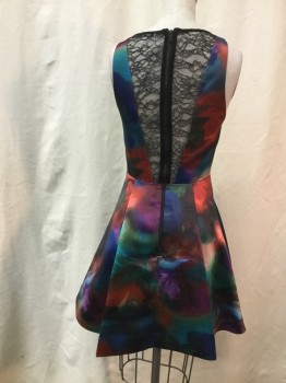 ALICE & OLIVIA, Blue, Green, Rust Orange, Purple, Black, Polyester, Abstract , Abstract Watercolor Print. Jewel Neck, Sleeveless, Fitted Waist. Skirt Pleated to Waist, Black Lace Inlay Ay Center Back, Upper