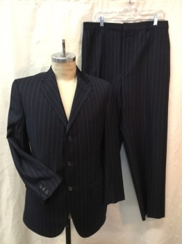 Mens, 1990s Vintage, Suit, Jacket, POLO, Navy Blue, Lt Gray, Wool, Stripes, 40R, 3 Button Single Breasted, 3 Pocket,