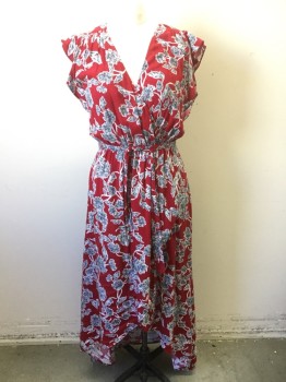 Womens, Dress, Short Sleeve, SPLENDID, Red, White, Navy Blue, Rayon, Floral, M, Red with White and Navy Illustrated Floral Pattern Crepe, Cap Sleeves, Wrapped V-neck, Elastic Waist, Faux Wrapped Detail at Waist/Skirt, High/Low Hemline, Lowest Point is Ankle Length, **2 Piece with Matching Self Fabric Sash BELT