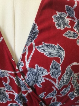 Womens, Dress, Short Sleeve, SPLENDID, Red, White, Navy Blue, Rayon, Floral, M, Red with White and Navy Illustrated Floral Pattern Crepe, Cap Sleeves, Wrapped V-neck, Elastic Waist, Faux Wrapped Detail at Waist/Skirt, High/Low Hemline, Lowest Point is Ankle Length, **2 Piece with Matching Self Fabric Sash BELT