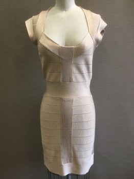 FRENCH CONNECTION, Champagne, Gold, Viscose, Rayon, Speckled, with Gold Sparkles, Bandage Dress, Cap Sleeve, Scoop Neck, Zip Back, Hem Above Knee
