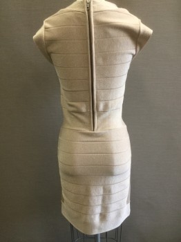 FRENCH CONNECTION, Champagne, Gold, Viscose, Rayon, Speckled, with Gold Sparkles, Bandage Dress, Cap Sleeve, Scoop Neck, Zip Back, Hem Above Knee