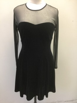 CDC EVENING, Black, Rayon, Nylon, Solid, Opaque Velvet with Sweetheart Bust, Sheer Net Long Sleeves and Shoulders, Round Neck, Hem Above Knee, Satin Covered Buttons  at Center Back Neck, with Self Bow at Center Back Neck and Center Back Shoulders