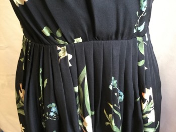 JOIE, Black, Green, Baby Blue, Yellow, Salmon Pink, Silk, Floral, Solid Black Lining, Overlap V-neck with Black Snap Button, Gathered  Accordion Pleats Released  Skirt, Side Zip