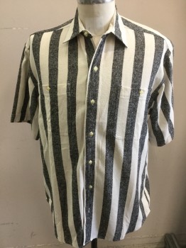 SCHOONER, Ecru, Black, Silk, Stripes - Vertical , Raw Silk, Button Front, Short Sleeves, 2 Pockets, Collar Attached, MULTIPLES
