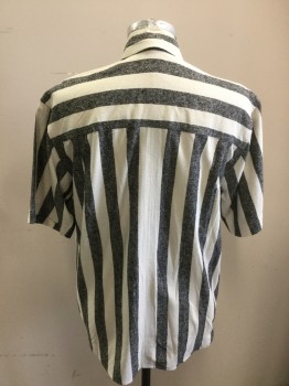 SCHOONER, Ecru, Black, Silk, Stripes - Vertical , Raw Silk, Button Front, Short Sleeves, 2 Pockets, Collar Attached, MULTIPLES