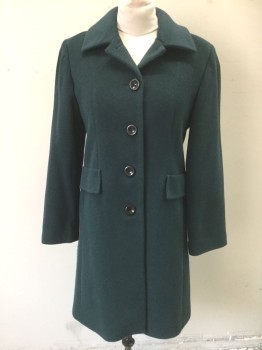 Womens, Coat, SACHI, Forest Green, Wool, Solid, B:36, Single Breasted, 5 Black Buttons, Collar Attached, 2 Flap Pockets, Padded Shoulders, Self Belt Detail Attached at Center Back Waist (Not Visible in Front), Forest Green Satin Lining,