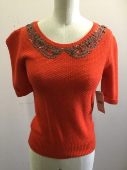 Womens, Pullover, FREE PEOPLE, Orange, Pewter Metallic, Cotton, Solid, XS, Short Sleeves, Embossed Knit, Ballet Neck W/pewter Peter Pan Applique Design , Back Button