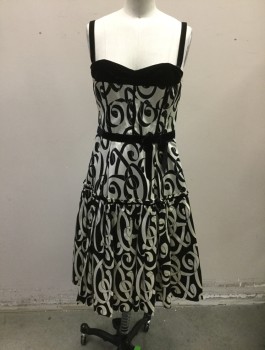 NANETTE LEPORE, Off White, Black, Silk, Cotton, Swirl , Patterned Satin with Velvet Trim at Bust,, Waist and 1/2" Wide Straps, Self Bow at Side Waist, A-line, Knee Length, Gathered Tier/Ruffle at Bottom, Black Tulle Net Underneath, Mid - Late 2000's