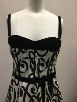 NANETTE LEPORE, Off White, Black, Silk, Cotton, Swirl , Patterned Satin with Velvet Trim at Bust,, Waist and 1/2" Wide Straps, Self Bow at Side Waist, A-line, Knee Length, Gathered Tier/Ruffle at Bottom, Black Tulle Net Underneath, Mid - Late 2000's