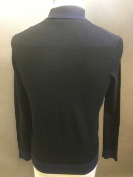 Mens, Pullover Sweater, THEORY, Black, Navy Blue, Wool, Synthetic, Solid, Color Blocking, L, 1/4 Zipper, Mock Turtle Neck, 2 Color Knit at Back Yoke, Navy at Cuffs/Waistband/Collar
