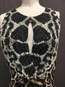 ROBERTO CAVALLI, Tan Brown, Black, White, Spandex, Polyester, Animal Print, Crew Neck, Sleeveless, Key Hole at Bust, Rouching Detail at Waist with Gold Ornament, Reptile and Tiger Print, Fitted