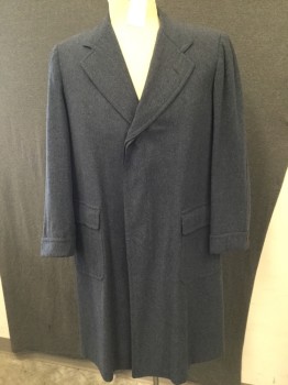 Mens, Coat, FAHEY BRACKMAN, Slate Blue, Wool, Heathered, 44, Hidden Button Placket,  Single Breasted, 2 Patch Pockets with Flaps, Cuffed Sleeves with Button Detail, Notched Lapel. Small Hole at Left Shoulder See Close Up Photo