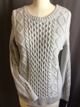 Womens, Pullover, L L BEAN, Lt Gray, Cotton, Cable Knit, M, Crew Neck, 3 Turtle Shell Buttons at Left Shoulder, Long Sleeves, Ribbed Neck Trim, Cuffs & Hem