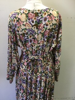 LE MIEUX, Pink, Purple, Tan Brown, Green, Cream, Rayon, Floral, Floral Oversized Dress, Scoop Neck, Long Sleeves, Pleated Skirt, Pullover, Button Front Skirt, Ankle Length, Tie Back Waist,