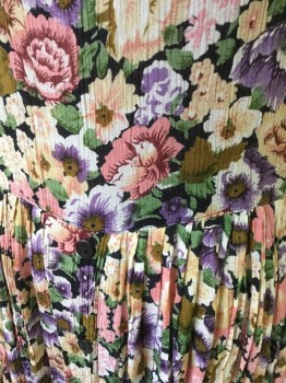 LE MIEUX, Pink, Purple, Tan Brown, Green, Cream, Rayon, Floral, Floral Oversized Dress, Scoop Neck, Long Sleeves, Pleated Skirt, Pullover, Button Front Skirt, Ankle Length, Tie Back Waist,
