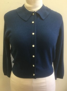Womens, Sweater, N/L, Navy Blue, Wool, Solid, B:40, Knit, Cardigan, Long Sleeves, Rounded Collar Attached, White Sea Shell Shaped Buttons at Center Front