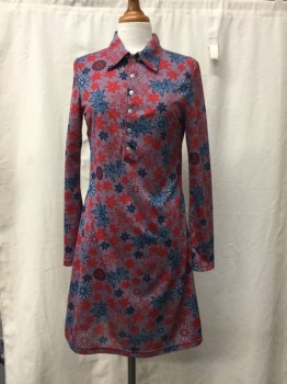 DIESEL, Red, Lt Blue, Navy Blue, Polyester, Floral, Abstract , Poly Jersey Knit. Long Sleeves, Collar Attached, Snap Closure Placet Front. Abstract Maple Leaf/ Flower & Stripe Pattern All Over