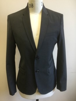 ZARA, Gray, Wool, Polyester, Solid, Single Breasted, Notched Lapel, 2 Buttons, 3 Pockets, Solid Black Lining, Slim Fit