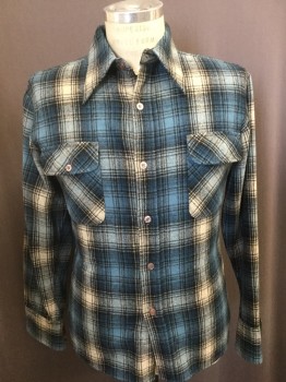 ENVOY, Teal Blue, Black, Oatmeal Brown, Wool, Plaid, Peaked Collar Attached, Button Front, Long Sleeves,