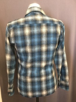 ENVOY, Teal Blue, Black, Oatmeal Brown, Wool, Plaid, Peaked Collar Attached, Button Front, Long Sleeves,