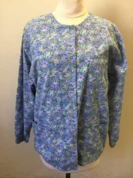 Womens, Scrub Jacket Women, BARCO, Lt Blue, Lavender Purple, Green, Yellow, Poly/Cotton, Floral, M, Floral Pattern Over Light Blue/Purple Sponge Print, Snap Front, Long Sleeves, Elastic Smocked Cuff, 3 Pockets