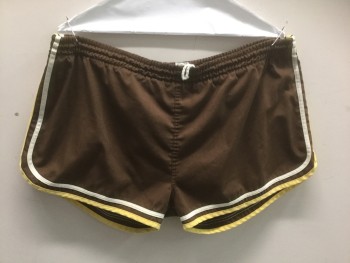Mens, Shorts, KMART, Brown, Butter Yellow, White, Poly/Cotton, Solid, Stripes, W <37", Gym/Athletic Shorts, Brown with White and Butter Yellow Stripes at Outseam and Leg Openings, Drawstring Waist, 2" Inseam,