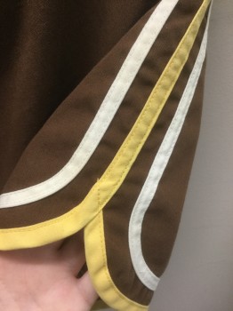 KMART, Brown, Butter Yellow, White, Poly/Cotton, Solid, Stripes, Gym/Athletic Shorts, Brown with White and Butter Yellow Stripes at Outseam and Leg Openings, Drawstring Waist, 2" Inseam,