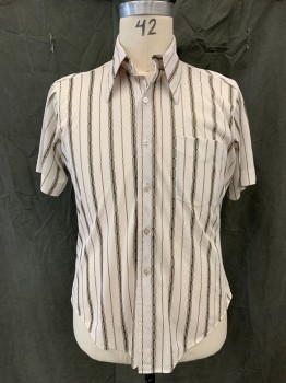 KANADU, White, Taupe, Brown, Polyester, Nylon, Stripes, Diamond and Geometric Stripes, Button Front, Pointy Collar Attached, 1 Pocket, Short Sleeves