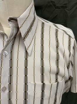 KANADU, White, Taupe, Brown, Polyester, Nylon, Stripes, Diamond and Geometric Stripes, Button Front, Pointy Collar Attached, 1 Pocket, Short Sleeves