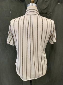 Womens, Shirt, KANADU, White, Taupe, Brown, Polyester, Nylon, Stripes, 16.5, L, Diamond and Geometric Stripes, Button Front, Pointy Collar Attached, 1 Pocket, Short Sleeves