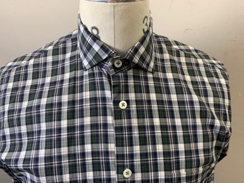 BILLY REID, Moss Green, Navy Blue, White, Gray, Cotton, Plaid, Long Sleeves, Button Front, Collar Attached, 1 Pocket,