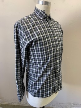 BILLY REID, Moss Green, Navy Blue, White, Gray, Cotton, Plaid, Long Sleeves, Button Front, Collar Attached, 1 Pocket,