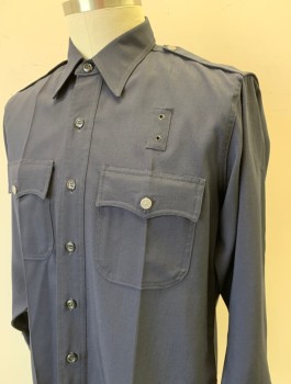 FLYING CROSS, Navy Blue, Wool, Solid, Long Sleeve Button Front, Collar Attached, 2 Pockets with Batwing Flaps, Epaulettes at Shoulders