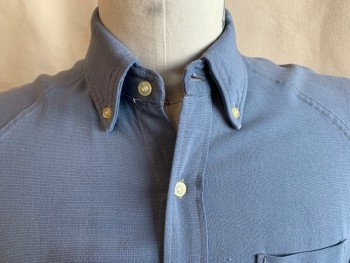 FORM FIT, Slate Blue, Polyester, Solid, Collar Attached, Button Down, Button Front, Raglan Short Sleeves, 1 Pocket, Curved Hem